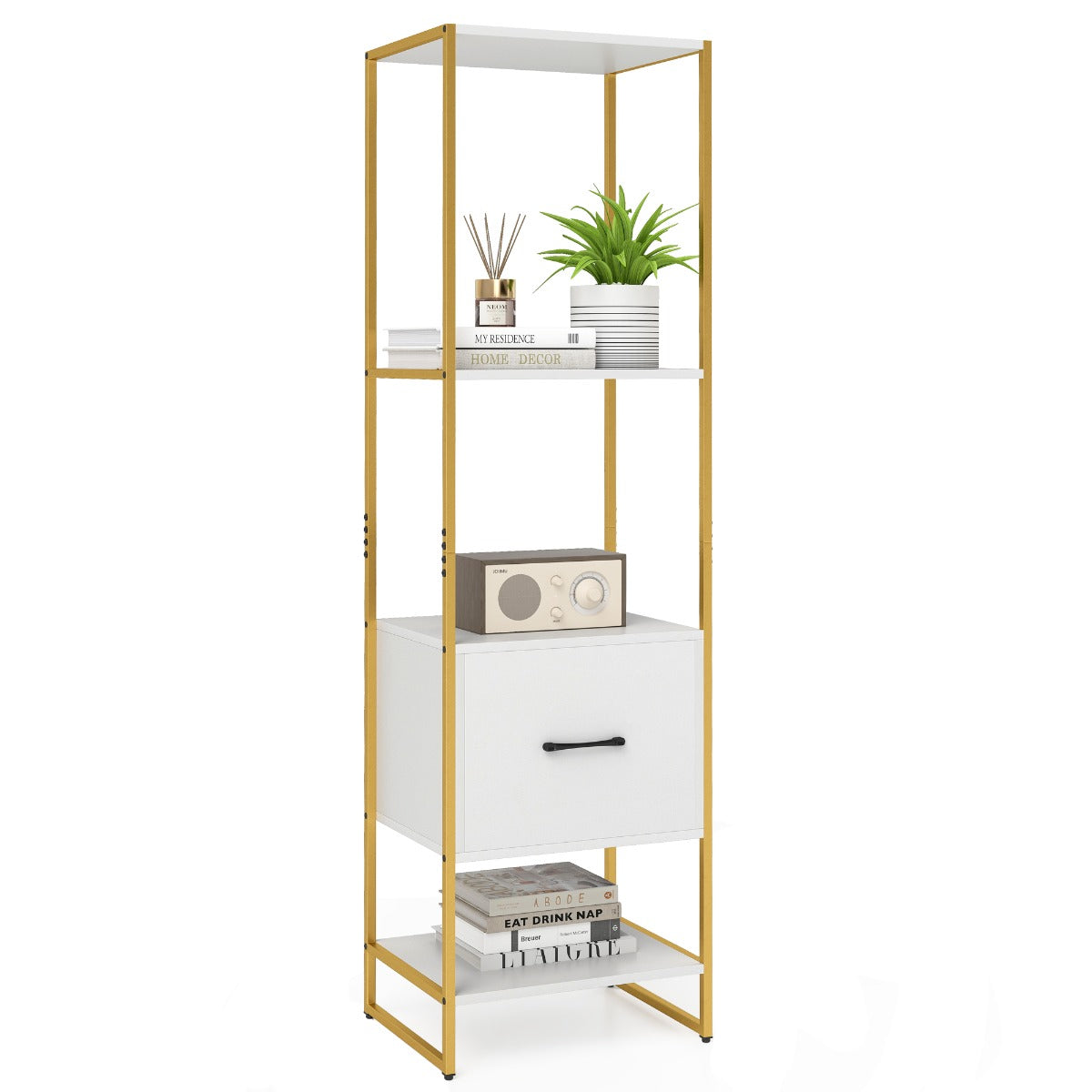 5-Tier Bookshelf with Drawer and Shelves for Bedroom Living Room-White