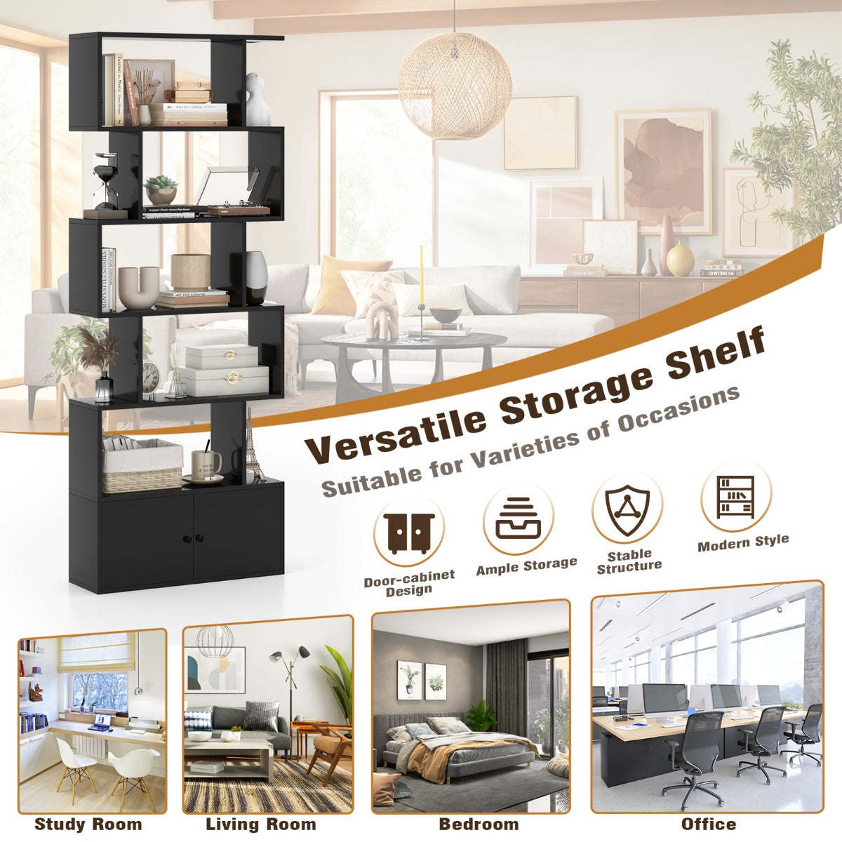 S-Shaped Bookshelf with Storage Cabiet for Living Room-Black