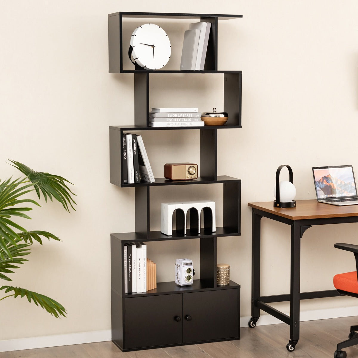 S-Shaped Bookshelf with Storage Cabiet for Living Room-Black