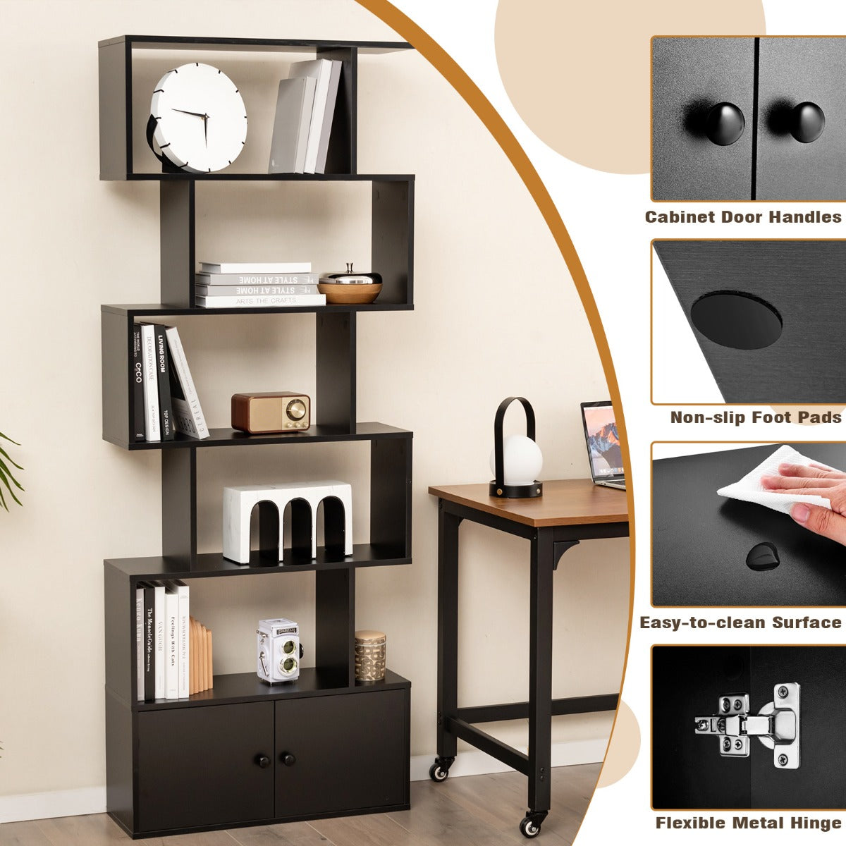 S-Shaped Bookshelf with Storage Cabiet for Living Room-Black
