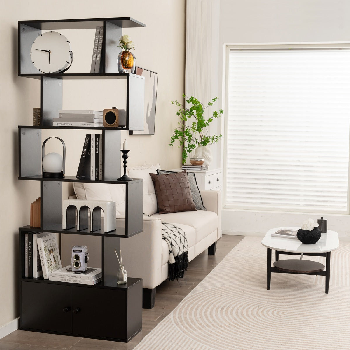S-Shaped Bookshelf with Storage Cabiet for Living Room-Black