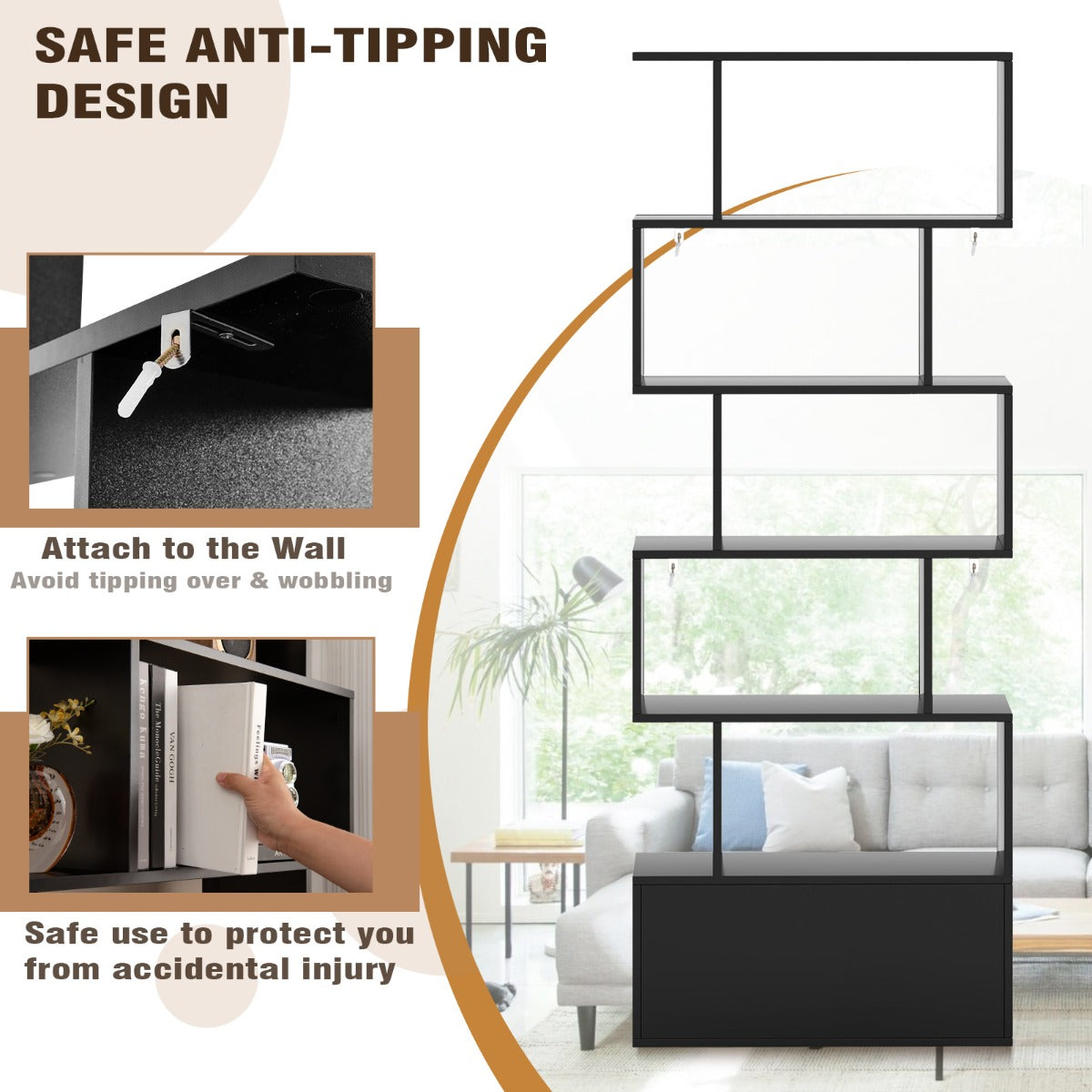 S-Shaped Bookshelf with Storage Cabiet for Living Room-Black