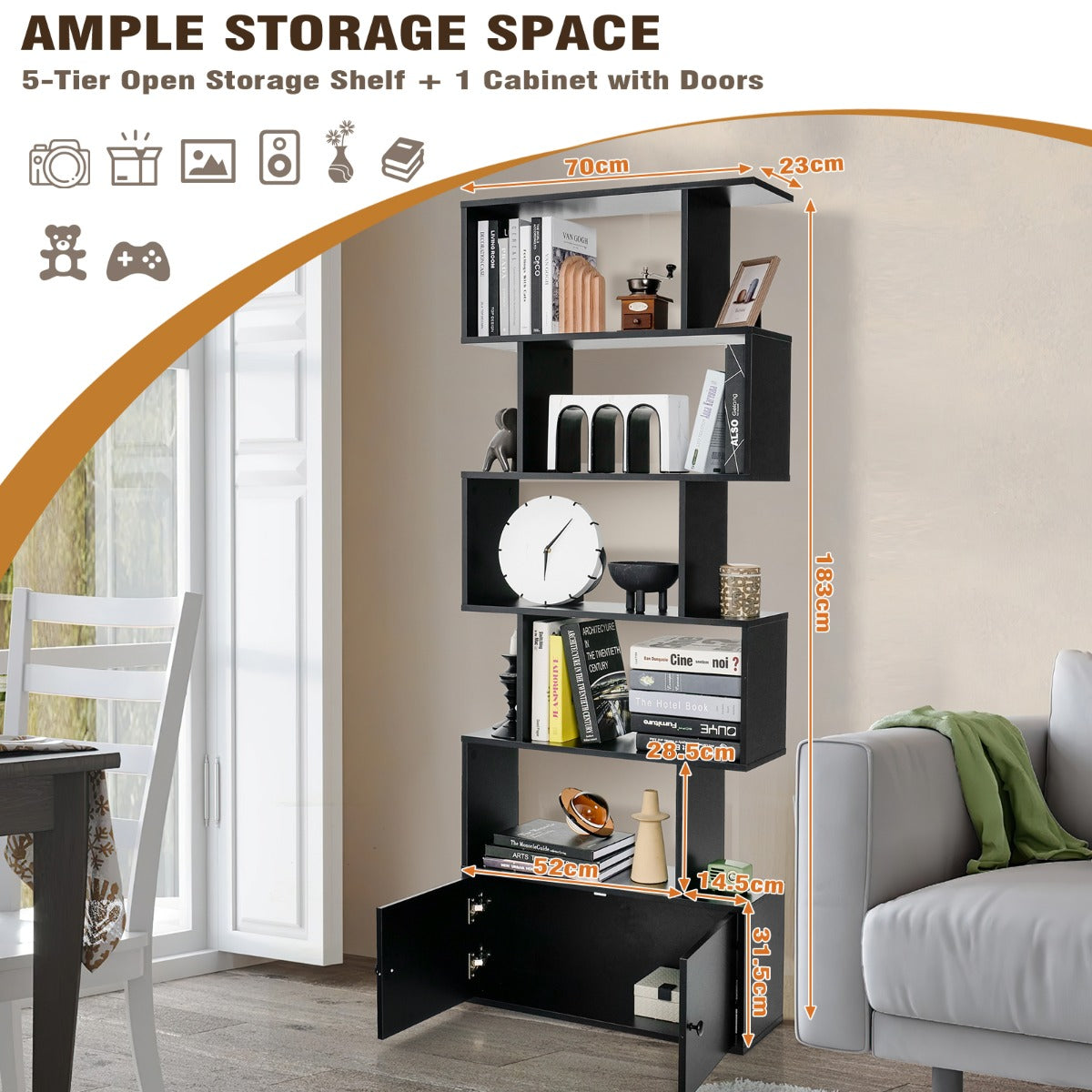 S-Shaped Bookshelf with Storage Cabiet for Living Room-Black