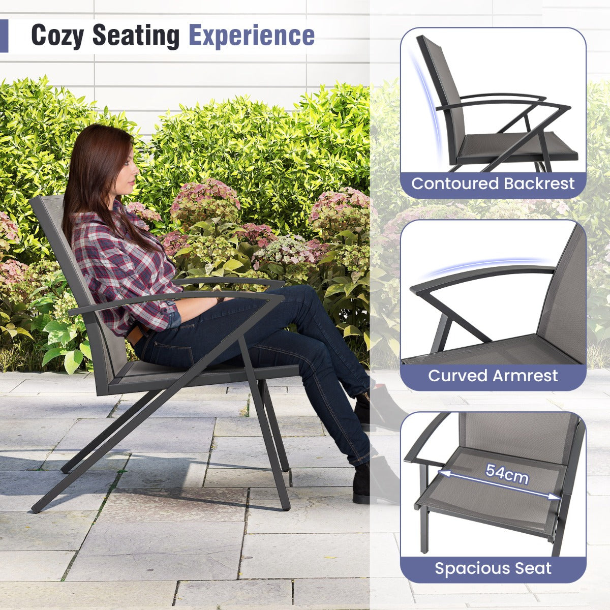 Breathable Fabric Outdoor Patio Chairs Set of 2 with Curved Backrests-Grey