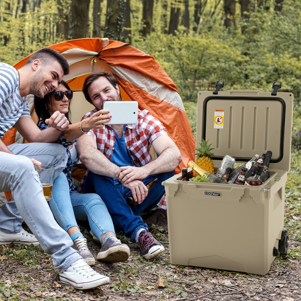 Costway Cooler with Wheels and Handle for Beach/Camping-Beige