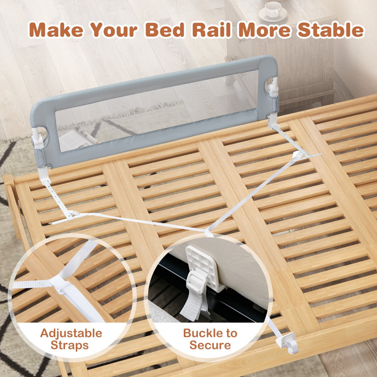 Toddler Bed Rail Guard with Adjustable Safety Strap for Baby