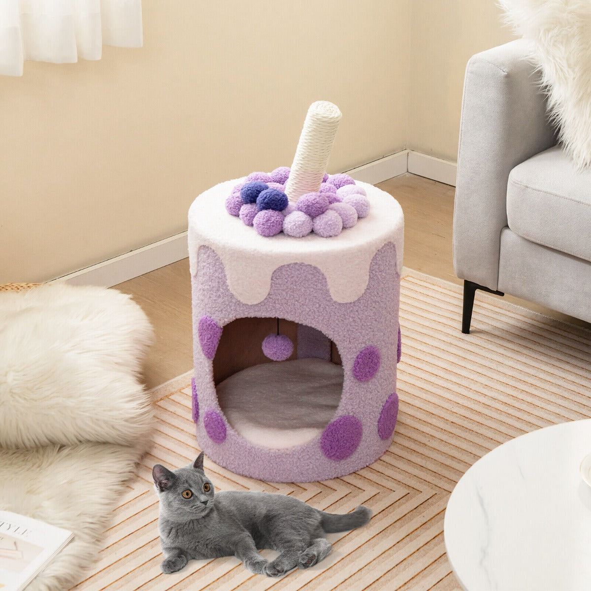 Costway Bubble Tea Cat Tree Tower Cat Condo Furniture with Scratching Post-Purple