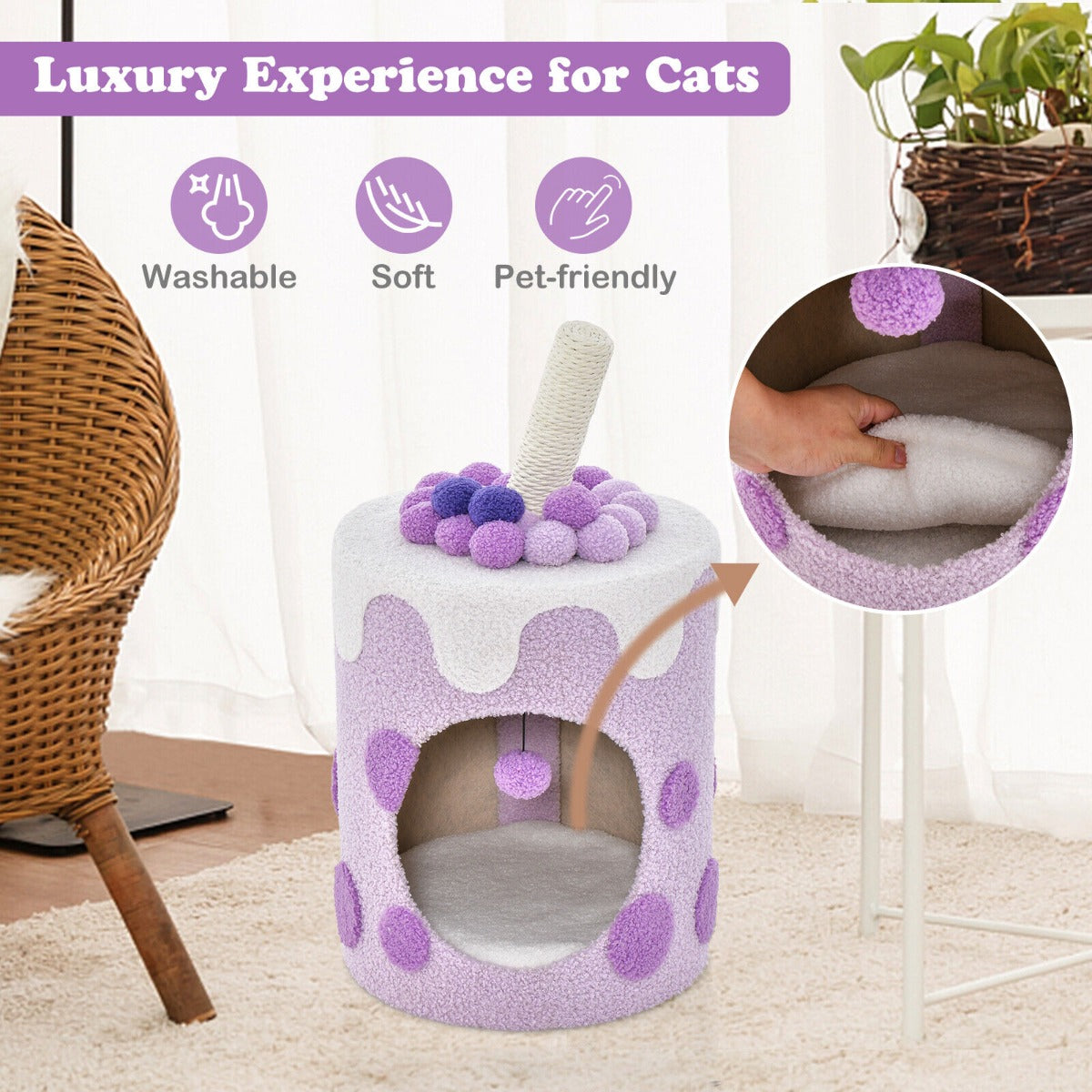 Costway Bubble Tea Cat Tree Tower Cat Condo Furniture with Scratching Post-Purple