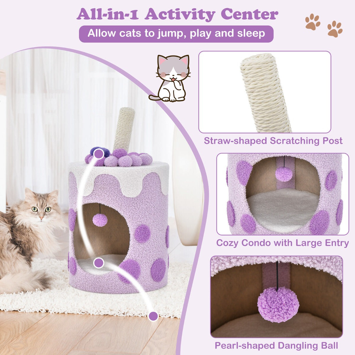 Costway Bubble Tea Cat Tree Tower Cat Condo Furniture with Scratching Post-Purple