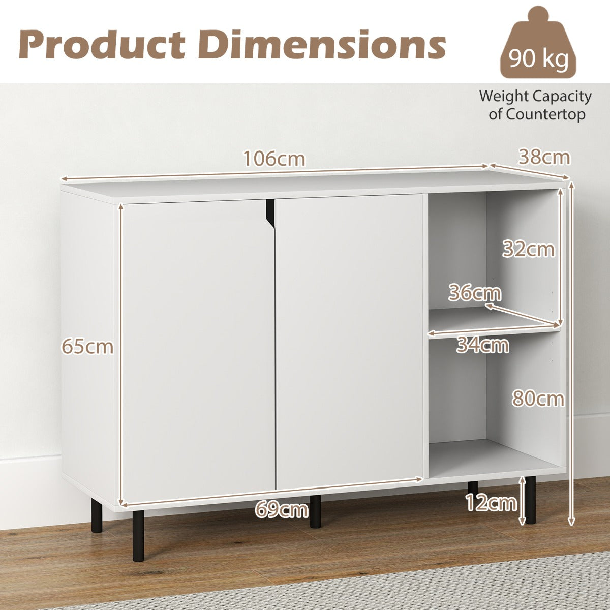 106cm Sideboard Buffet Cabinet with 2 Doors and Adjustable Shelves-White