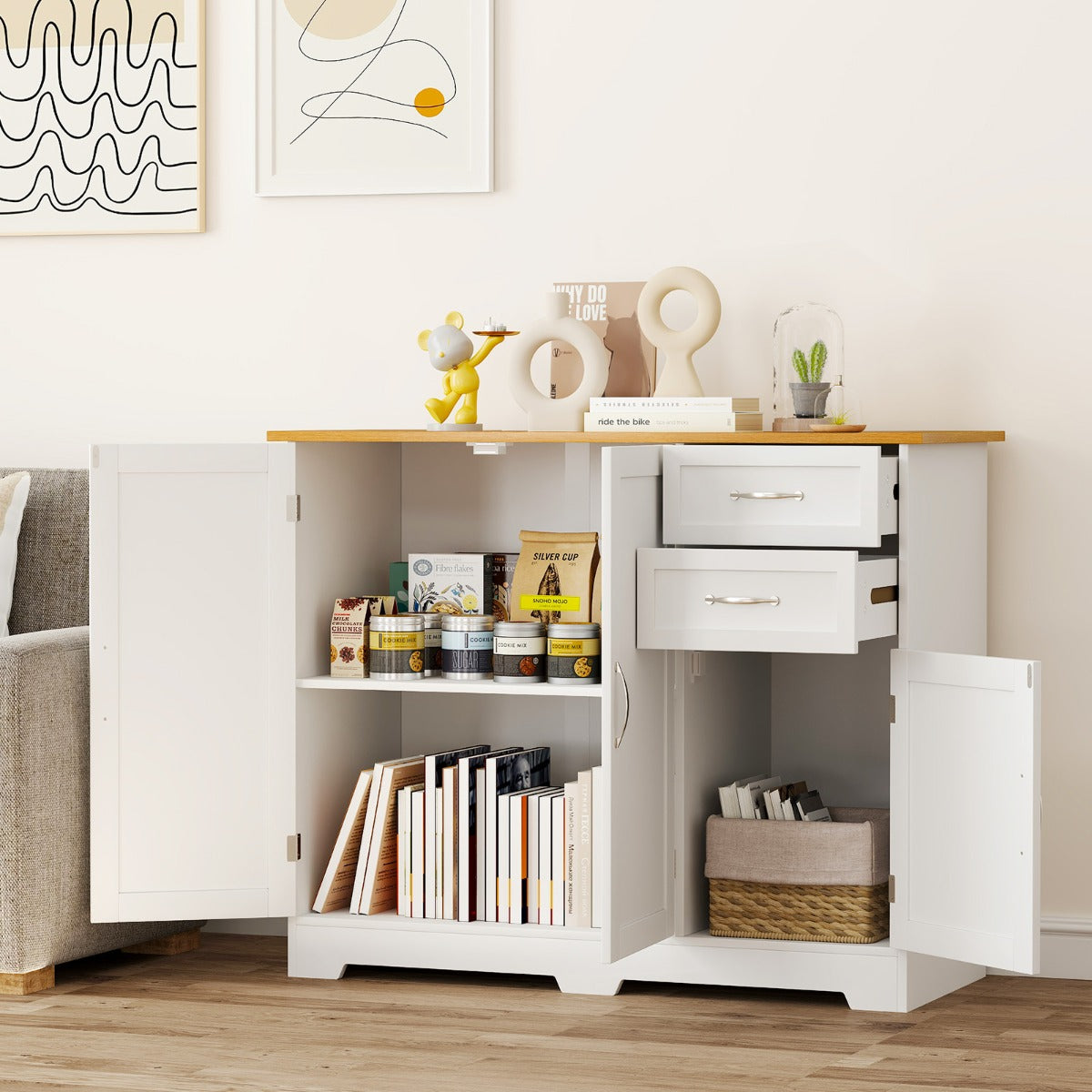 Buffet Sideboard Storage Cabinet with Spacious Table Top-White