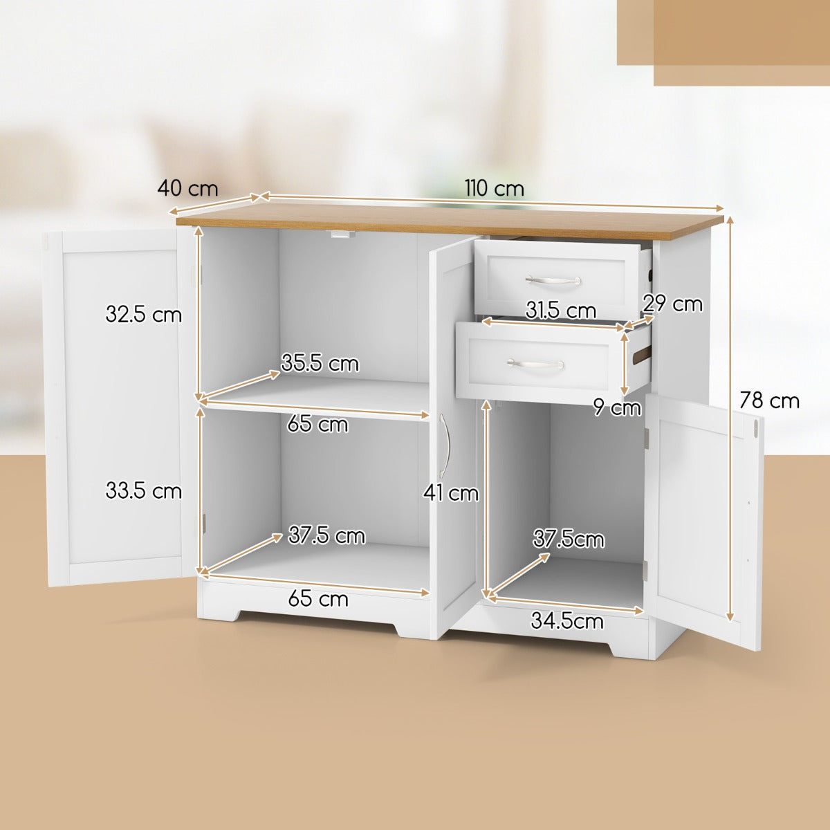 Buffet Sideboard Storage Cabinet with Spacious Table Top-White