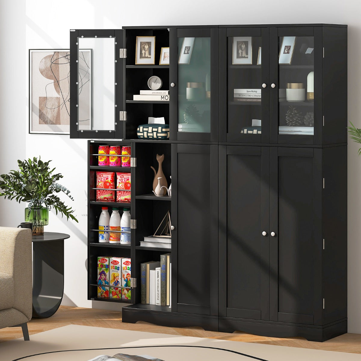 Buffet Sideboard with Dual Tempered Glass Doors and Shelves-Black