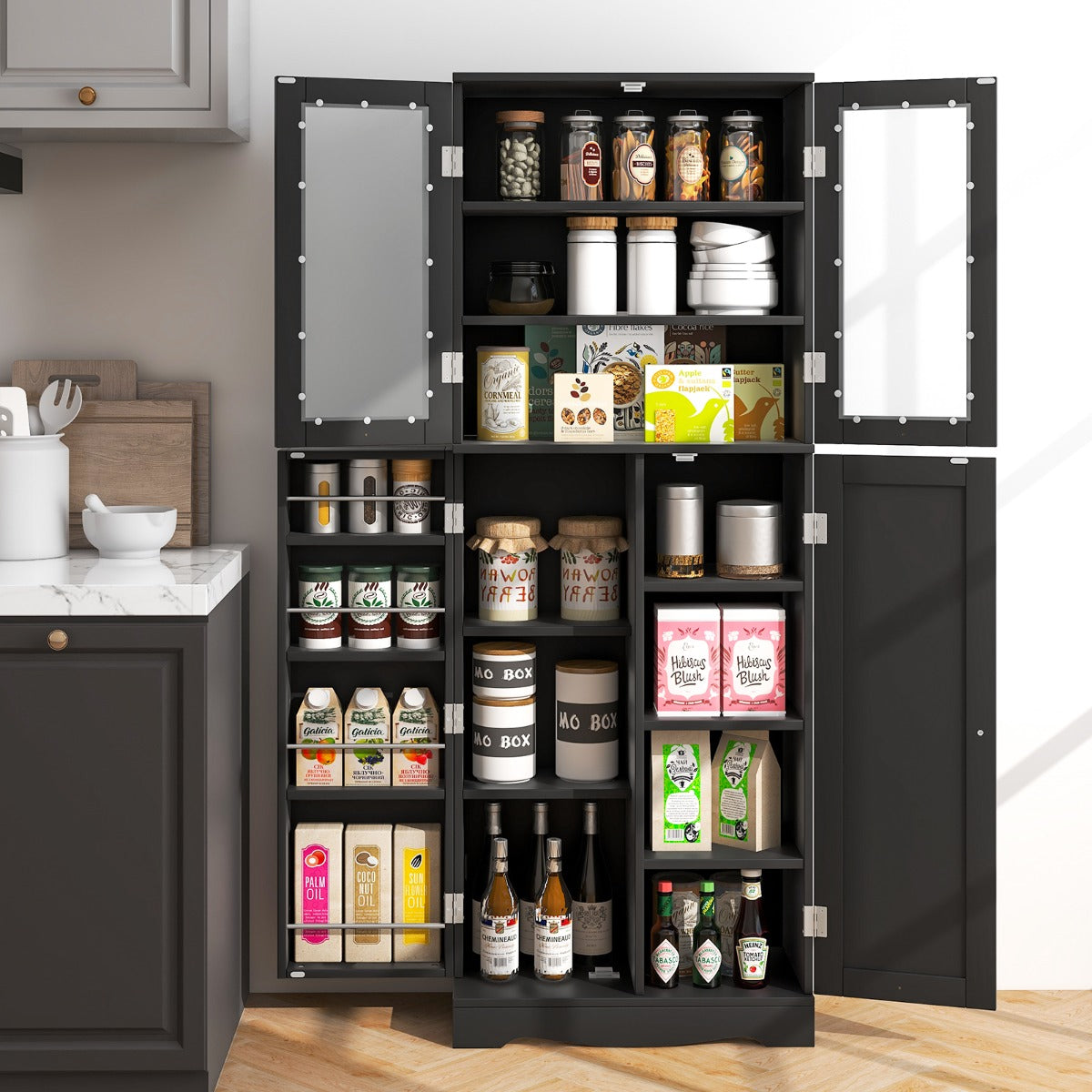 Buffet Sideboard with Dual Tempered Glass Doors and Shelves-Black