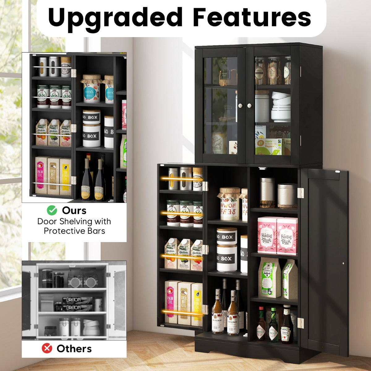 Buffet Sideboard with Dual Tempered Glass Doors and Shelves-Black