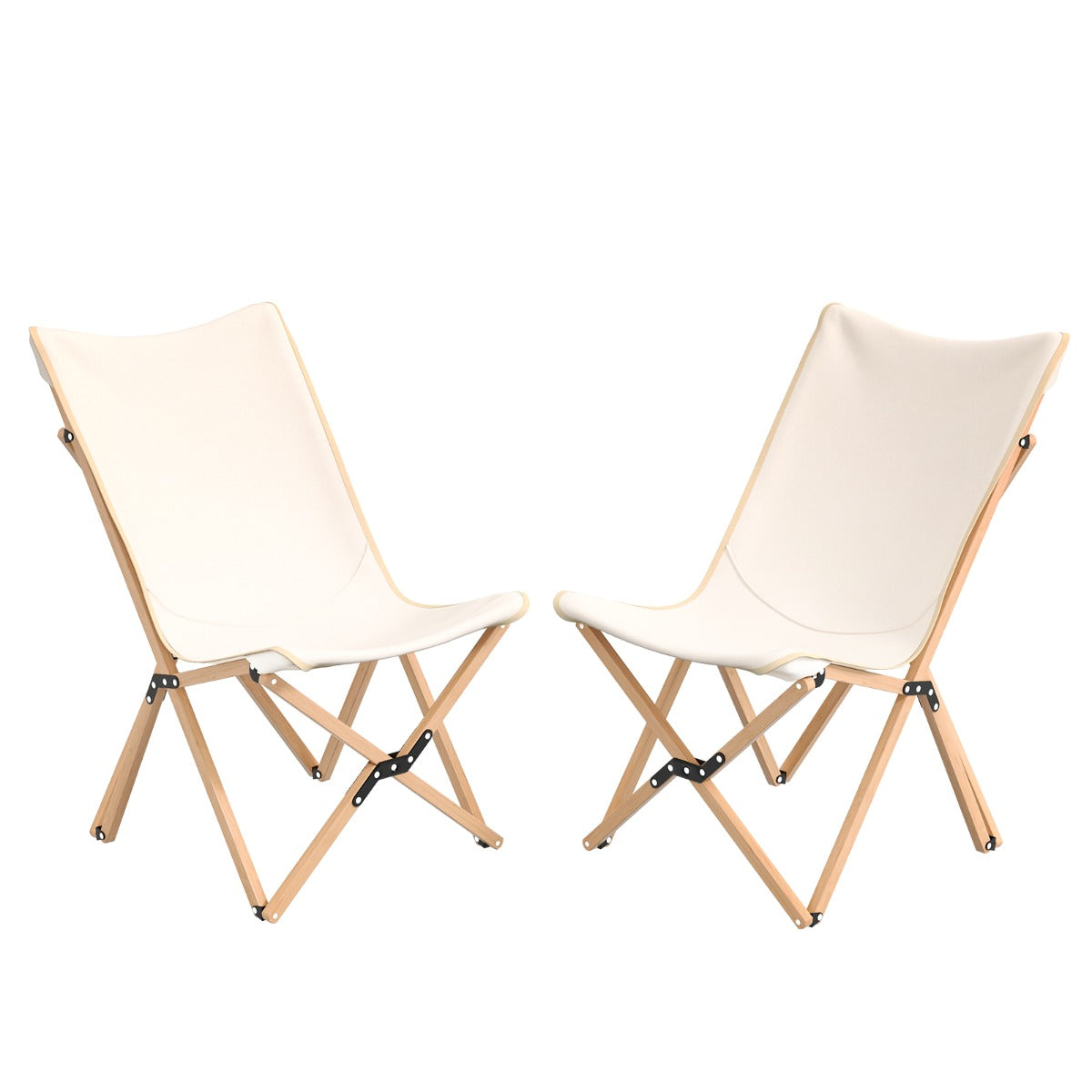 Butterfly Folding Chair Set of 2  with Storage Pocket and Sturdy Base-Beige