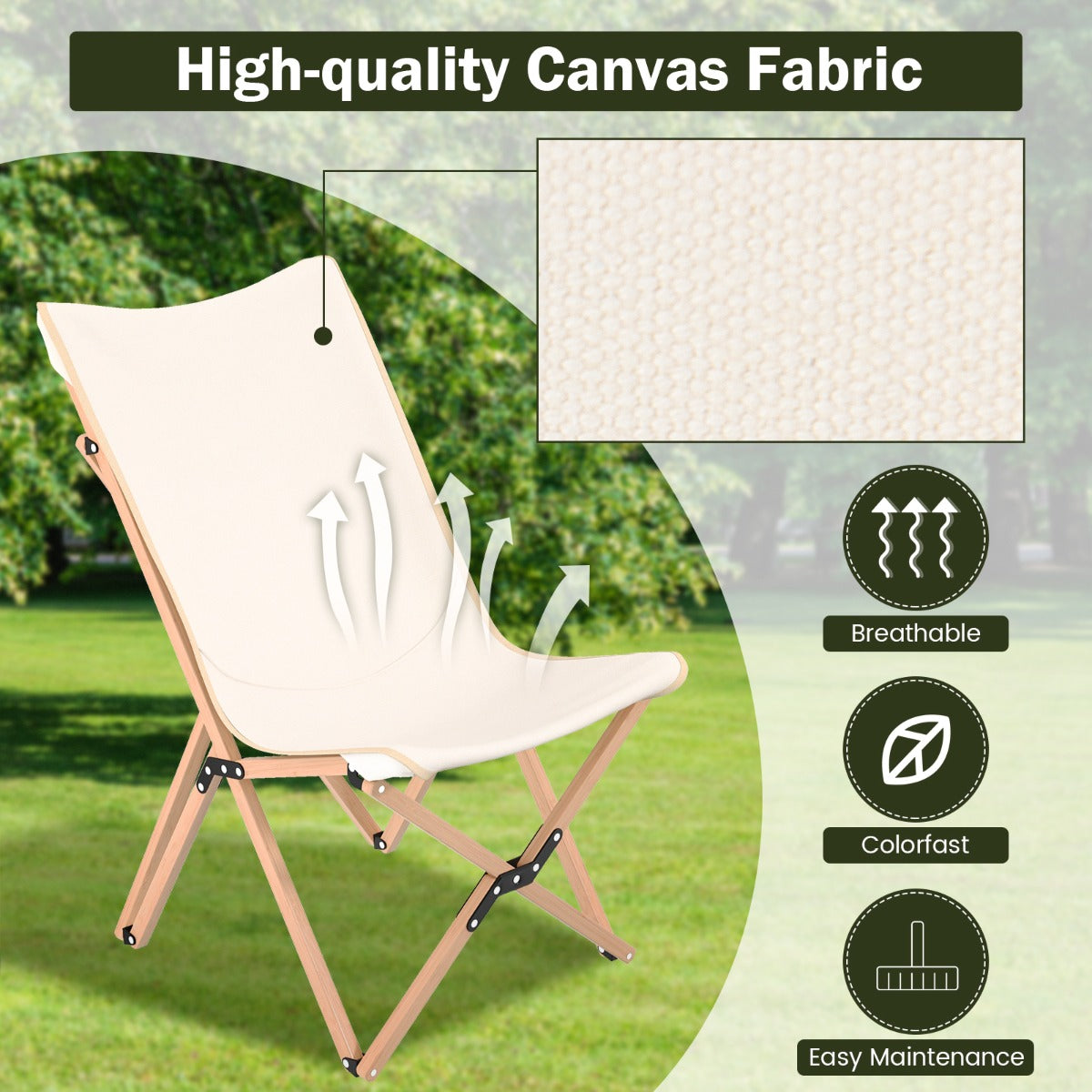 Butterfly Folding Chair Set of 2  with Storage Pocket and Sturdy Base-Beige