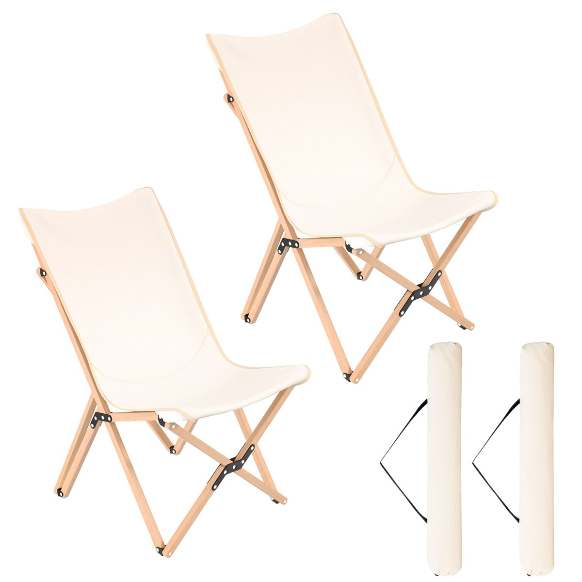 Butterfly Folding Chair Set of 2  with Storage Pocket and Sturdy Base-Beige