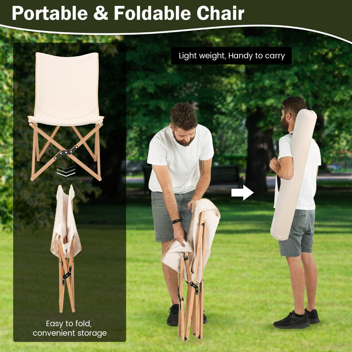 Butterfly Folding Chair Set of 2  with Storage Pocket and Sturdy Base-Beige