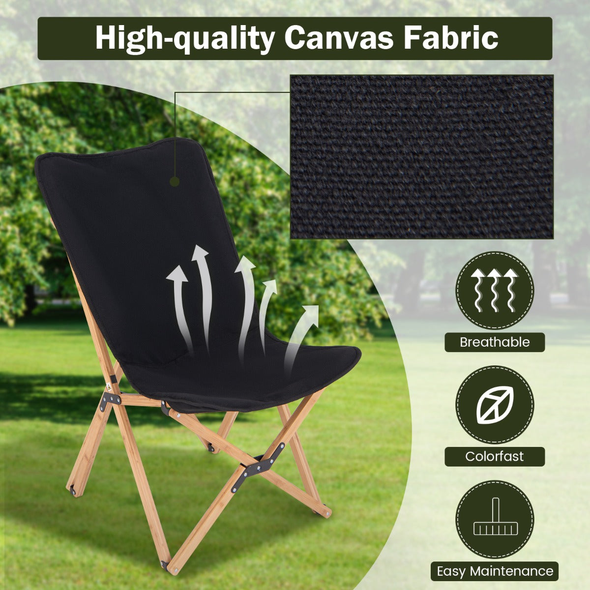 Butterfly Folding Chair Set of 2  with Storage Pocket and Sturdy Base-Black
