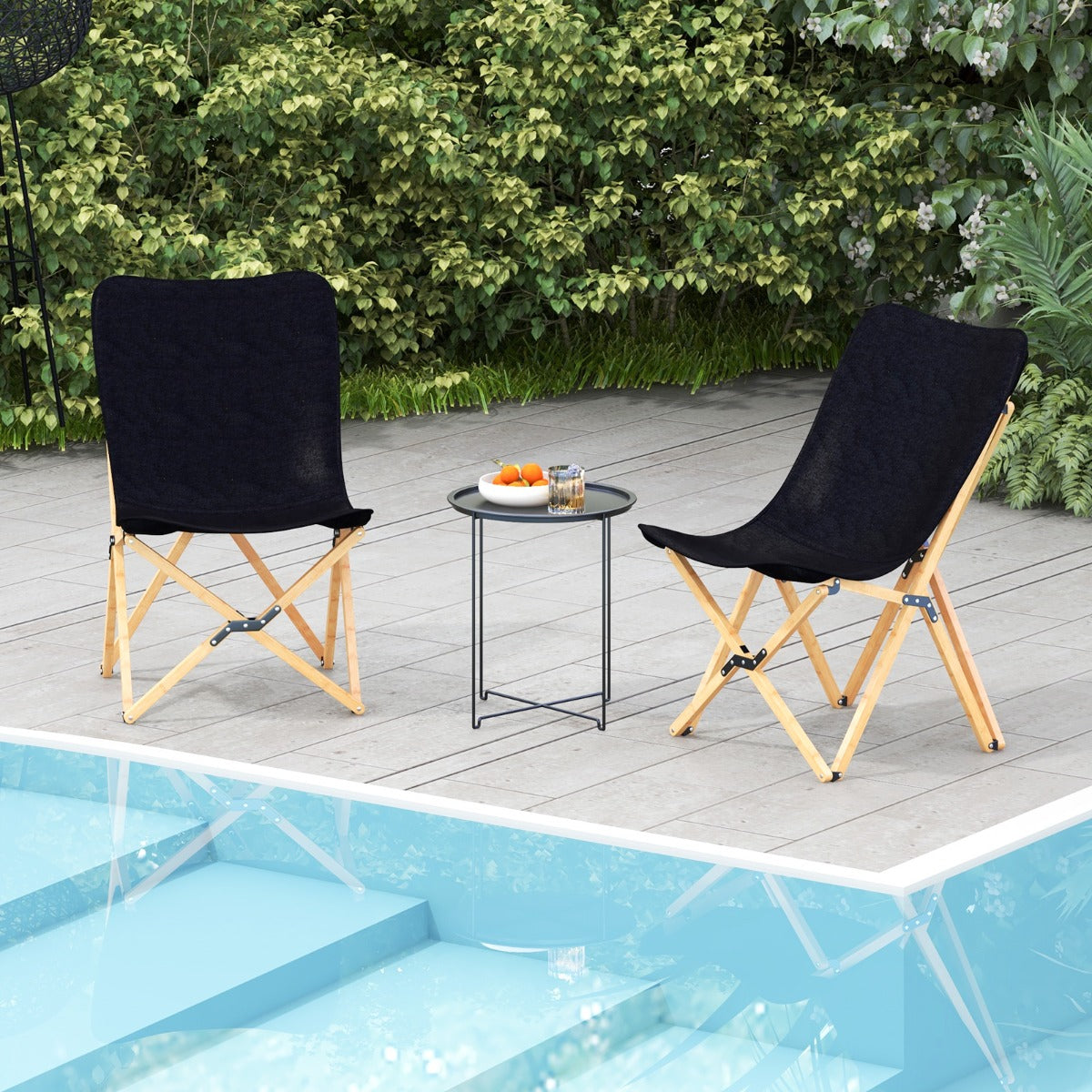Butterfly Folding Chair Set of 2  with Storage Pocket and Sturdy Base-Black