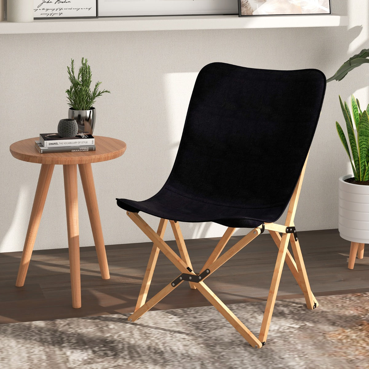 Butterfly Folding Chair Set of 2  with Storage Pocket and Sturdy Base-Black