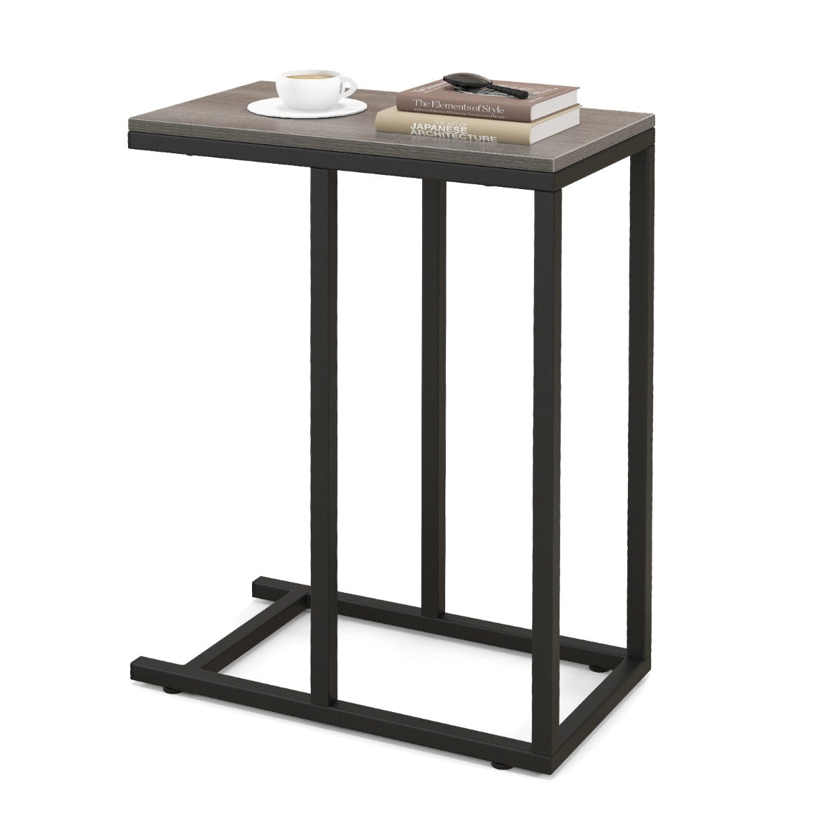 Costway C-Shaped End Table with Metal Frame for Couch and Bed-Oak