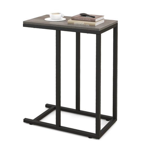 Costway C-Shaped End Table with Metal Frame for Couch and Bed-Oak
