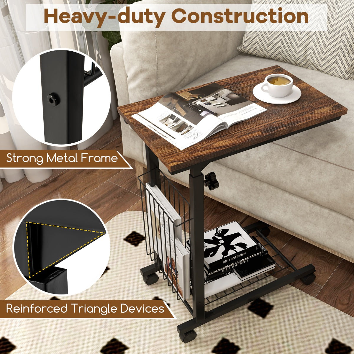 C Shaped Side Table Height Adjustable with Detachable and Lockable Wheels-Brown