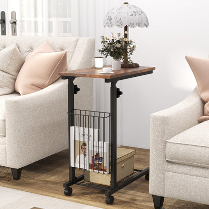 C Shaped Side Table Height Adjustable with Detachable and Lockable Wheels-Brown