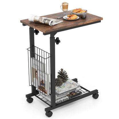 C Shaped Side Table Height Adjustable with Detachable and Lockable Wheels-Brown