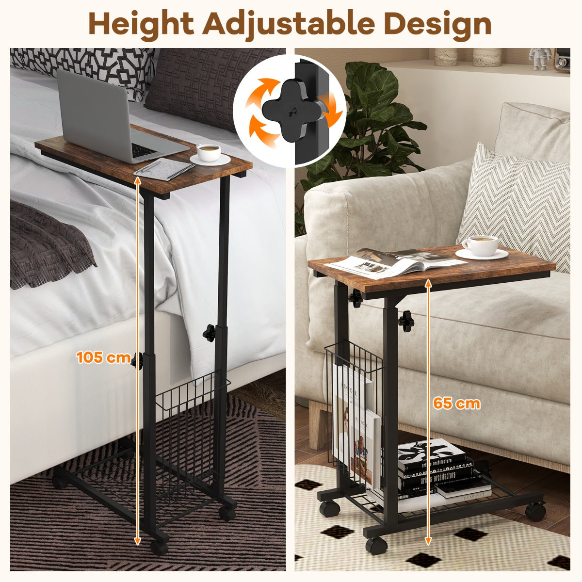 C Shaped Side Table Height Adjustable with Detachable and Lockable Wheels-Brown