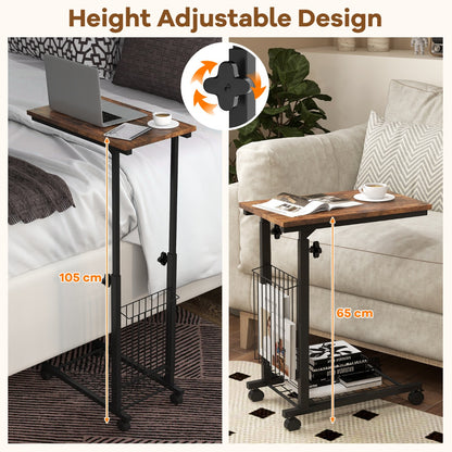 C Shaped Side Table Height Adjustable with Detachable and Lockable Wheels-Brown