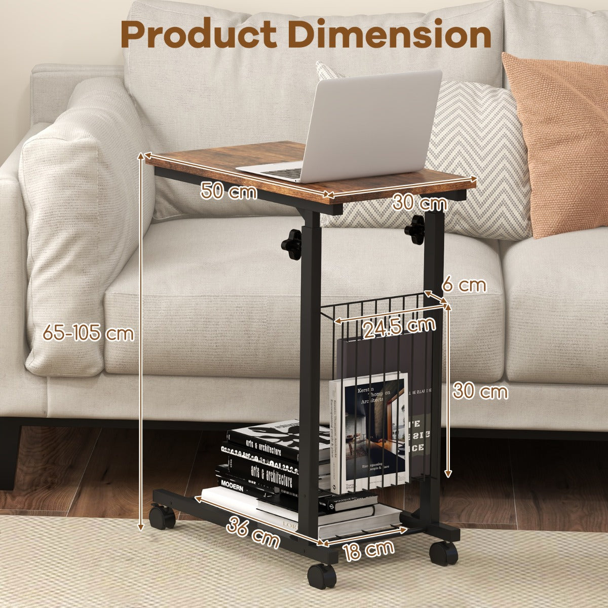 C Shaped Side Table Height Adjustable with Detachable and Lockable Wheels-Brown