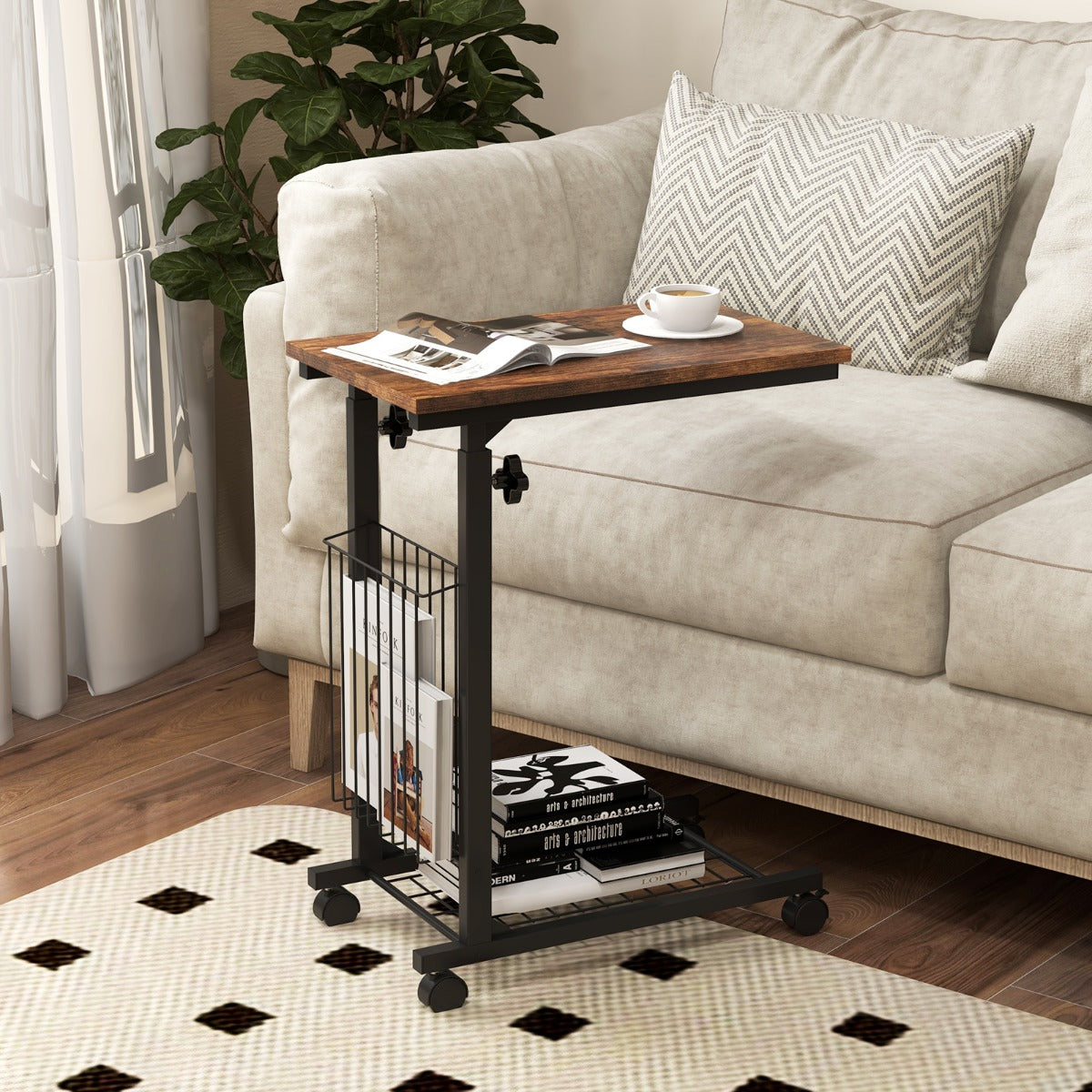 C Shaped Side Table Height Adjustable with Detachable and Lockable Wheels-Brown