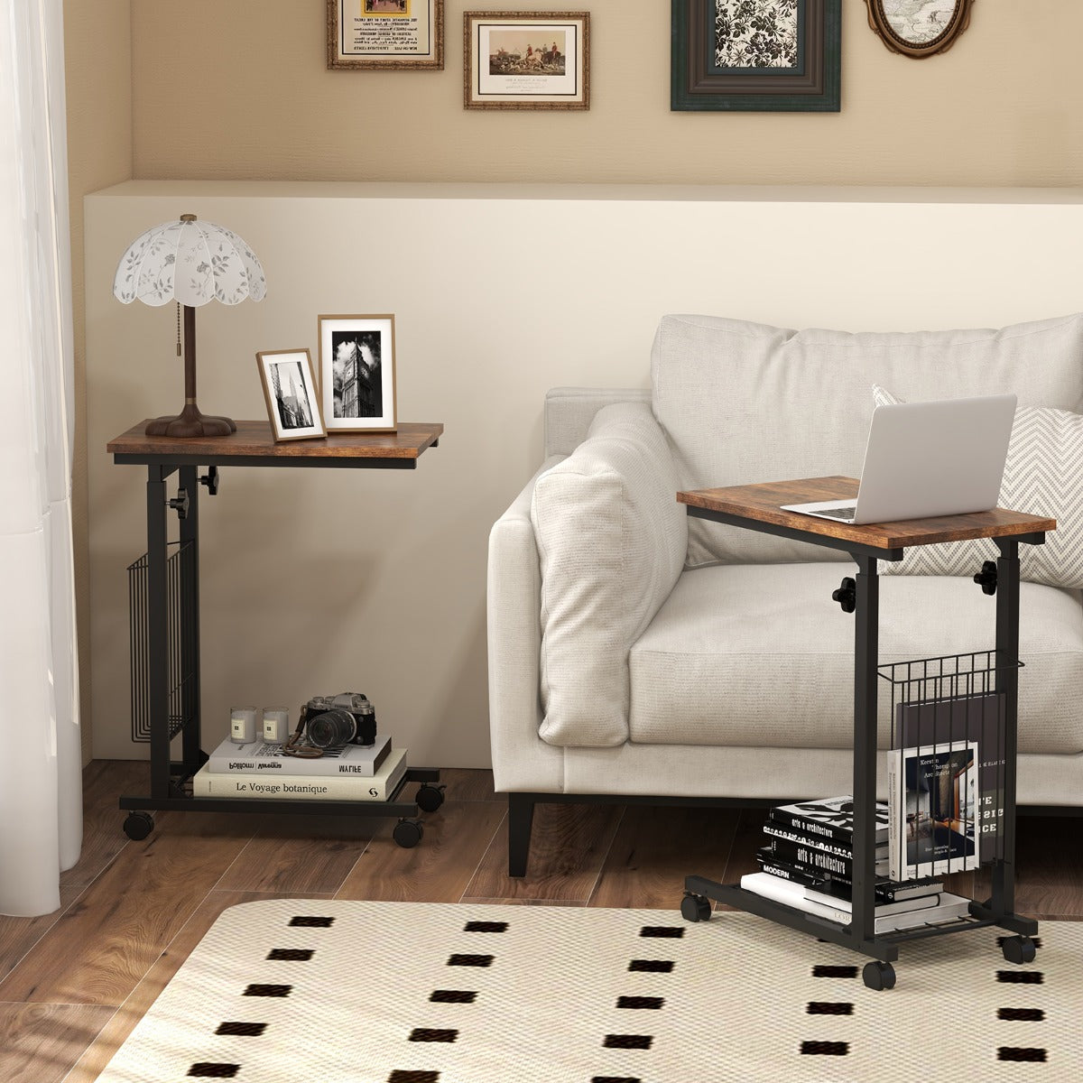 C Shaped Side Table Height Adjustable with Detachable and Lockable Wheels-Brown