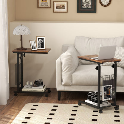 C Shaped Side Table Height Adjustable with Detachable and Lockable Wheels-Brown