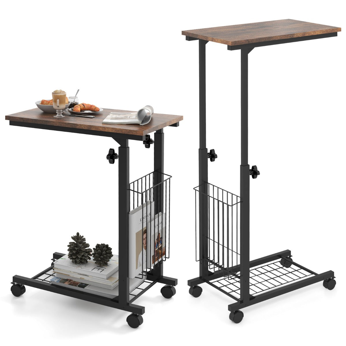 C Shaped Side Table Height Adjustable with Detachable and Lockable Wheels-Brown