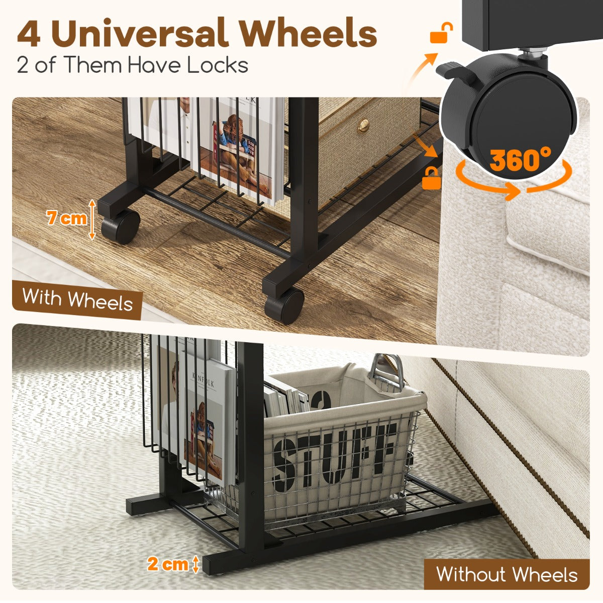 C Shaped Side Table Height Adjustable with Detachable and Lockable Wheels-Brown