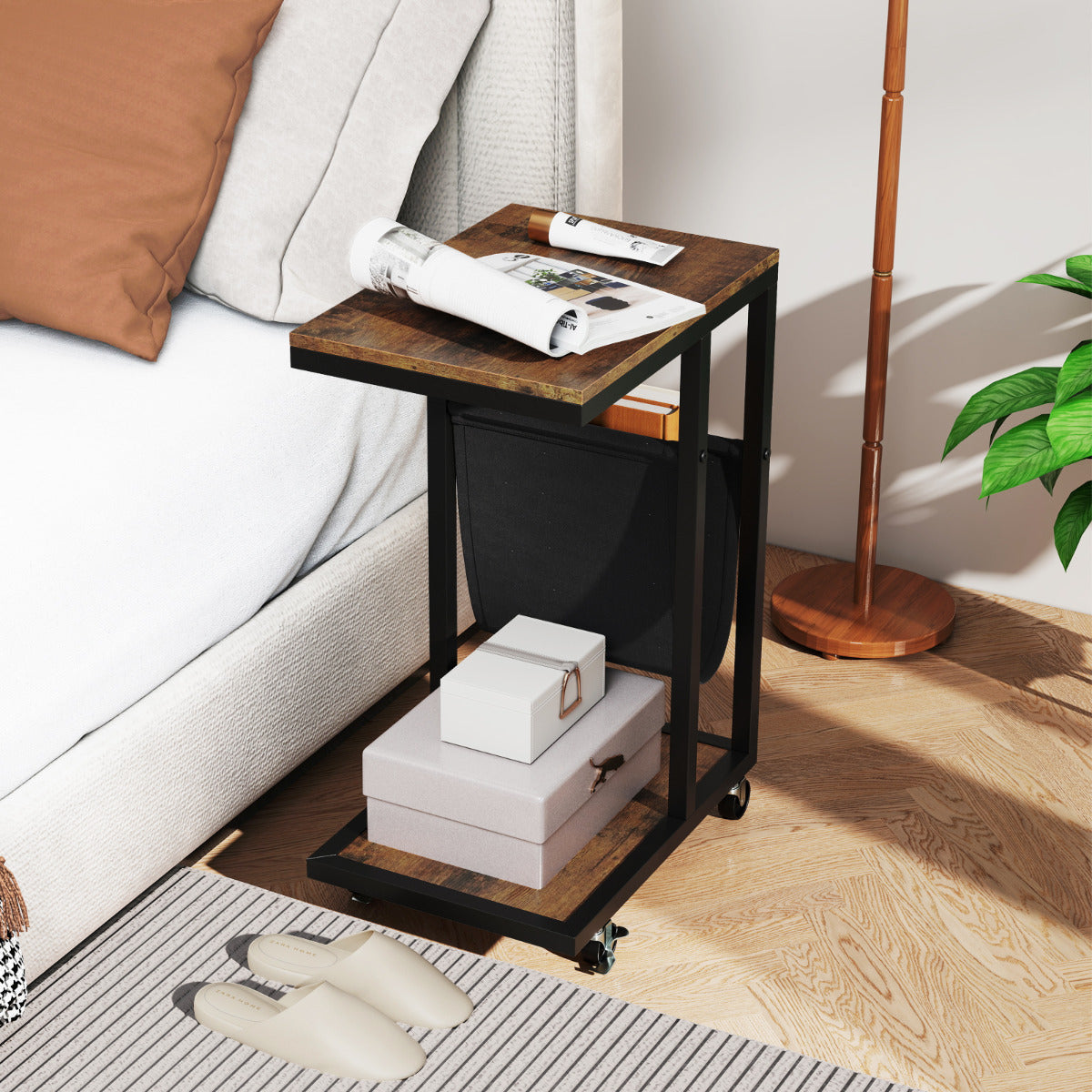 C-shaped Side Table on Wheels with Storage Pouch-Brown
