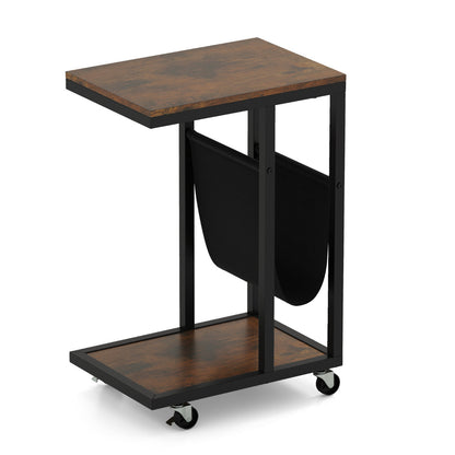 C-shaped Side Table on Wheels with Storage Pouch-Brown