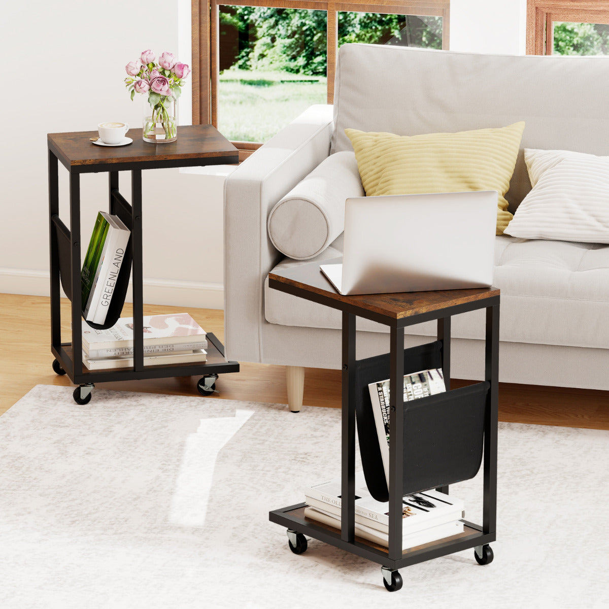 C-shaped Side Table on Wheels with Storage Pouch-Brown