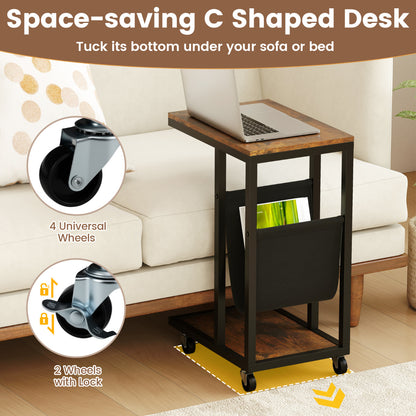 C-shaped Side Table on Wheels with Storage Pouch-Brown