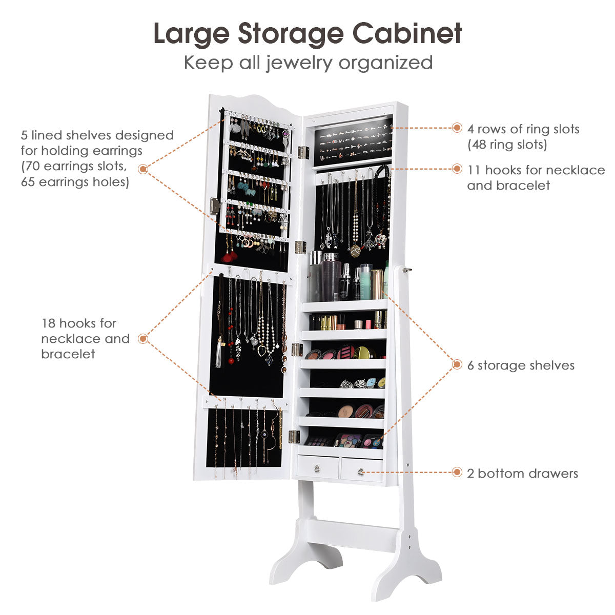 Costway Jewelry Armoire Cabinet Organizer with Cheval Mirror-White