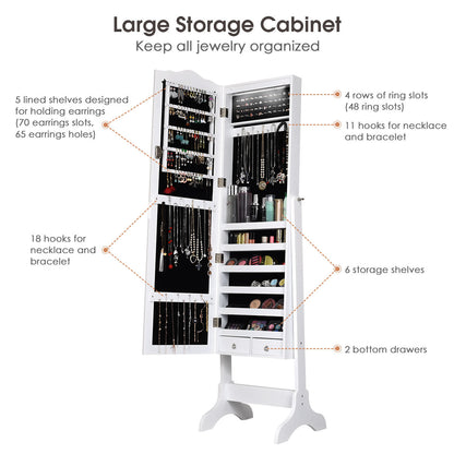 White Jewelry Armoire with Mirror, LED Lights, and Lockable Storage