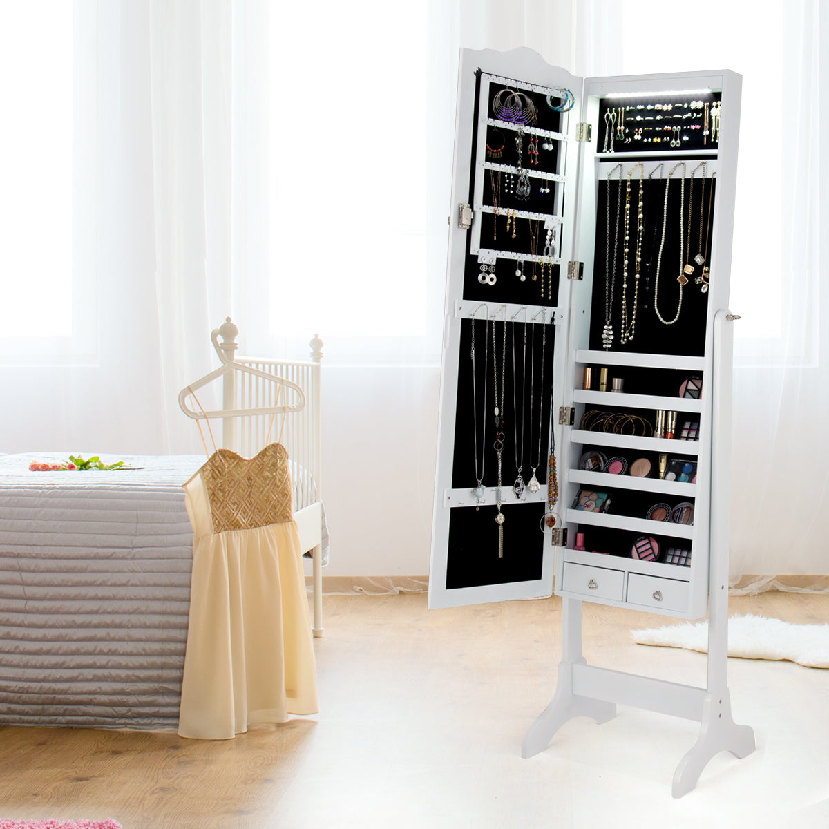 White Jewelry Armoire with Mirror, LED Lights, and Lockable Storage