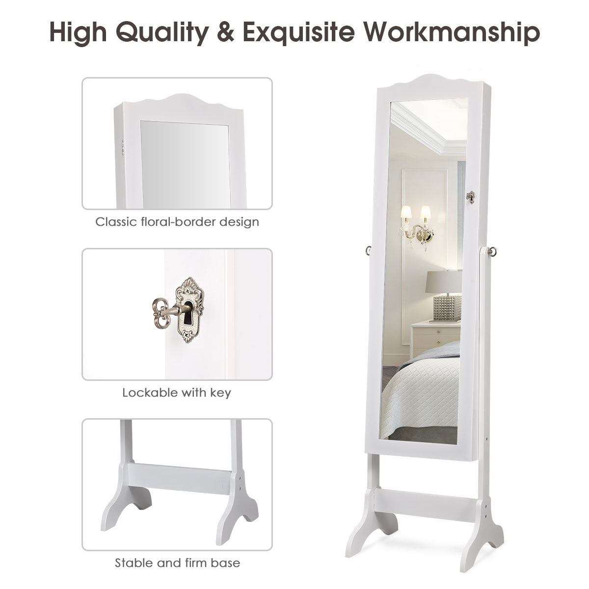 Costway Jewelry Armoire Cabinet Organizer with Cheval Mirror-White