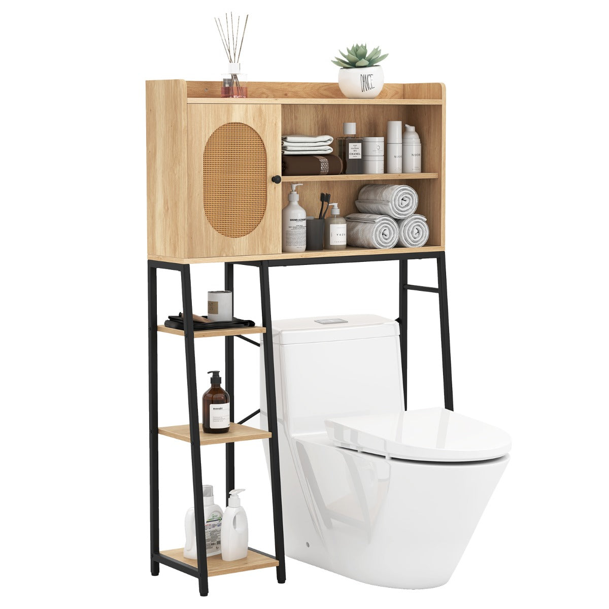 Over The Toilet Storage Cabinet with PE Rattan Door and Adjustable Shelf-Natural