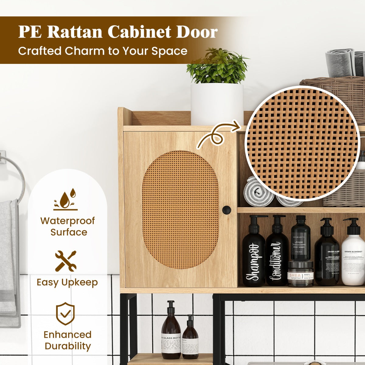 Over The Toilet Storage Cabinet with PE Rattan Door and Adjustable Shelf-Natural