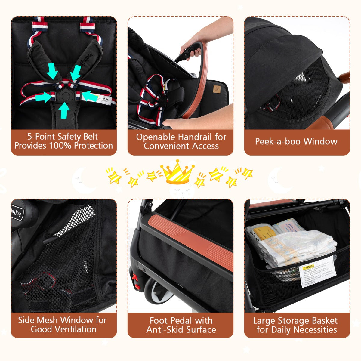 Canopy Stroller with Adjustable 95°- 175°Backrest for Baby-Black